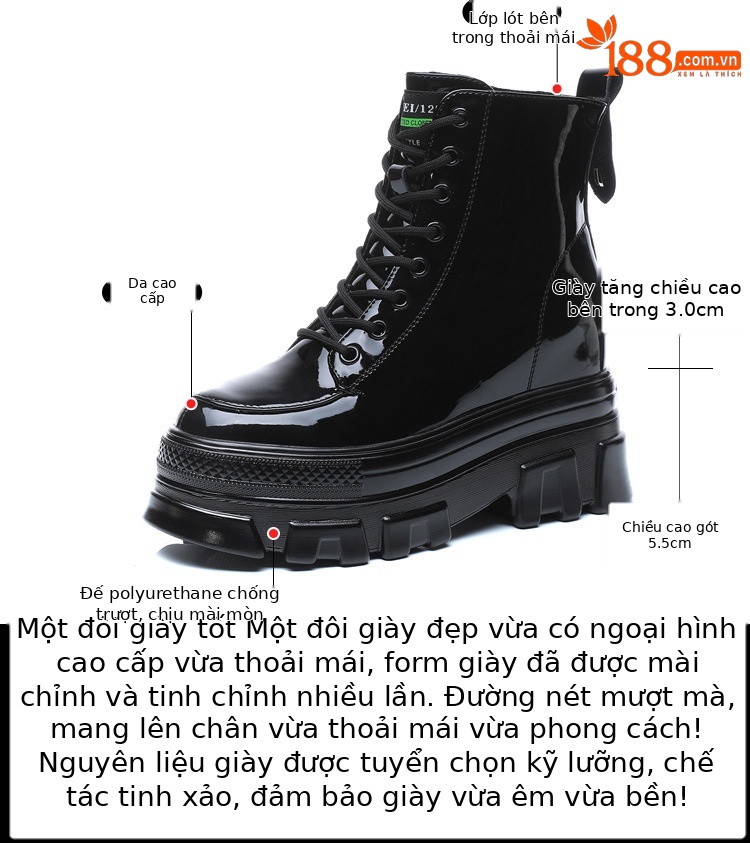 Boot nữ da sáng chế đế dày ống ngắn phong cách Anh — Màu đen chi tiết 4