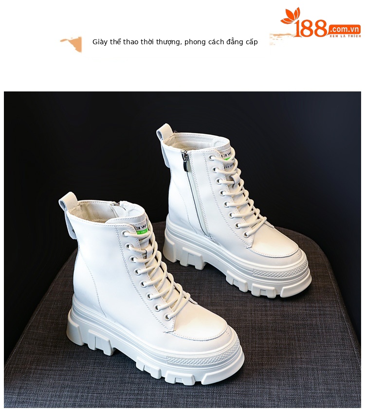 Boot nữ da sáng chế đế dày ống ngắn phong cách Anh — Màu đen chi tiết 8