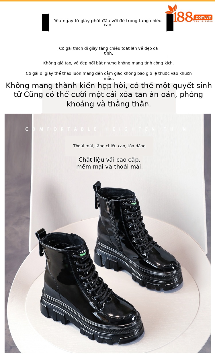 Boot nữ da sáng chế đế dày ống ngắn phong cách Anh — Màu đen chi tiết 2