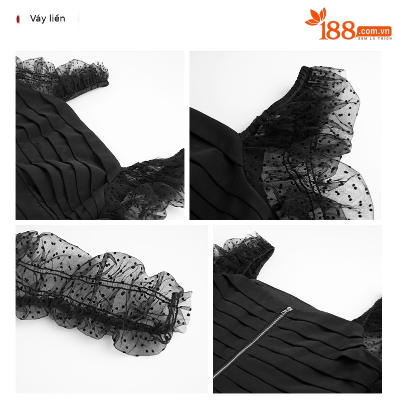 Váy đen ngắn kiểu Hepburn phối lưới tay bồng cổ vuông eo xếp ly — Màu đen chi tiết 2