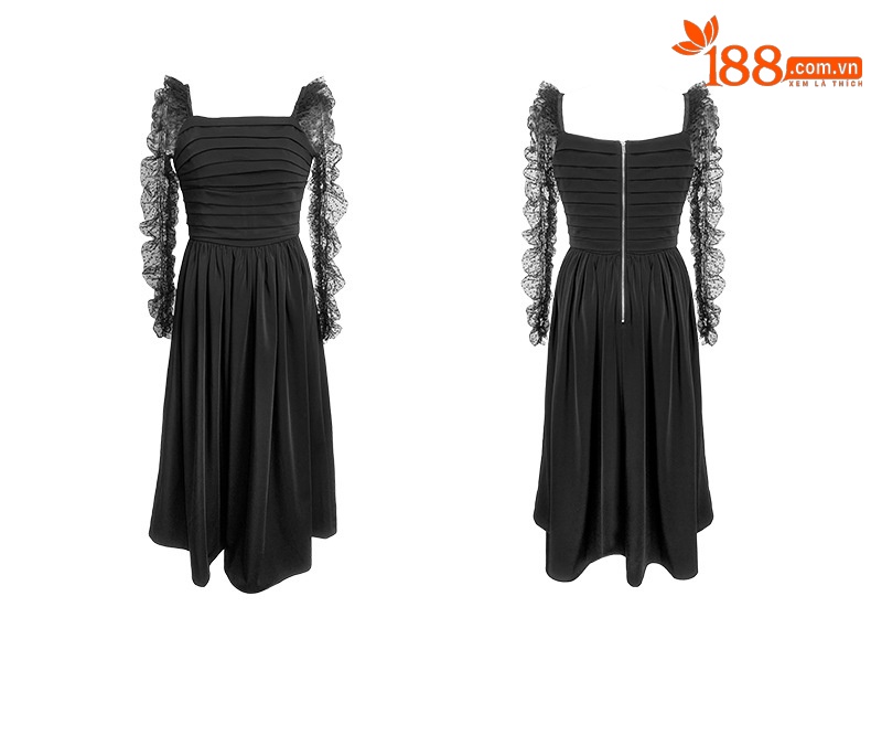 Váy đen ngắn kiểu Hepburn phối lưới tay bồng cổ vuông eo xếp ly — Màu đen chi tiết 3