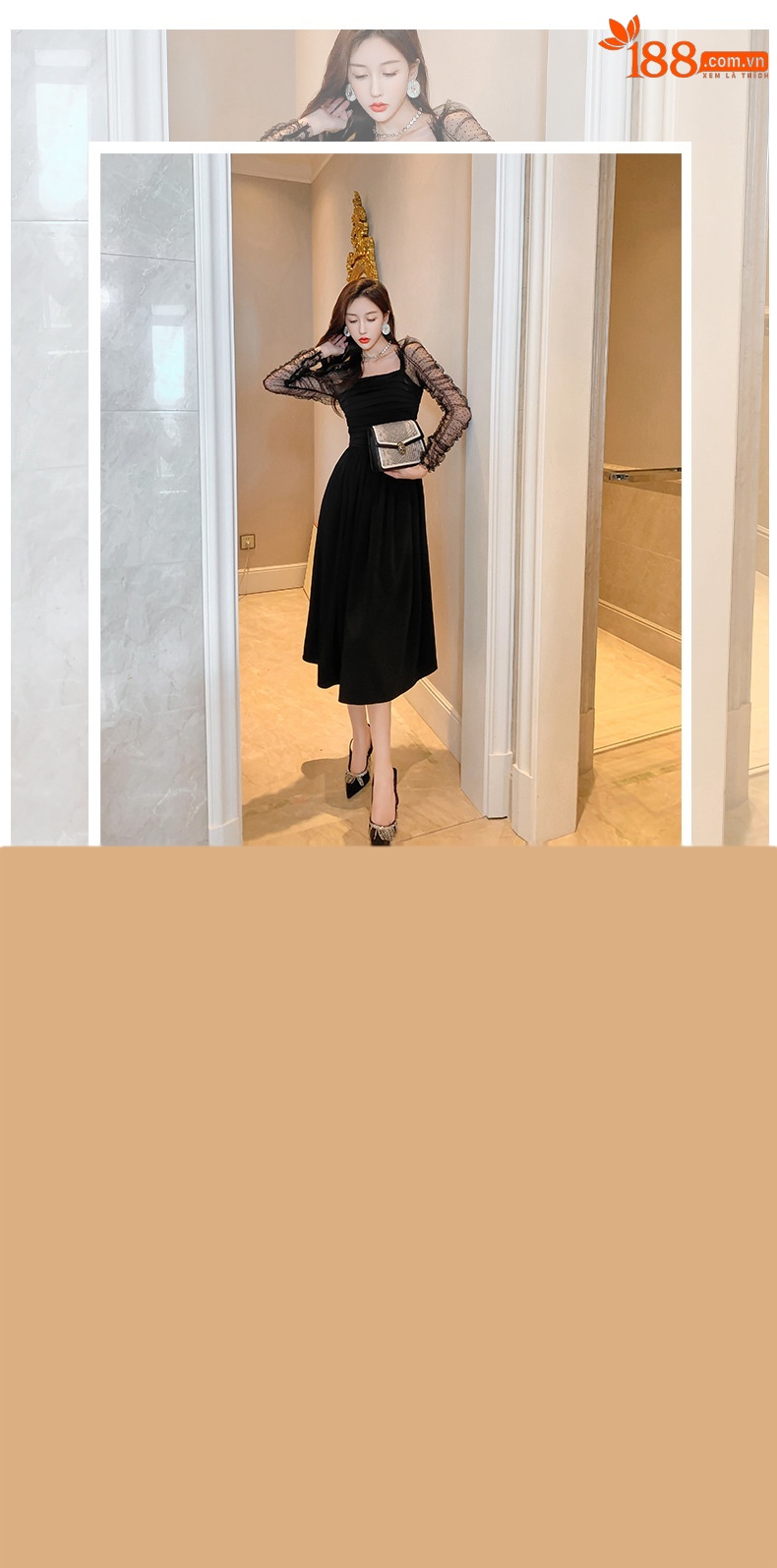 Váy đen ngắn kiểu Hepburn phối lưới tay bồng cổ vuông eo xếp ly — Màu đen chi tiết 1