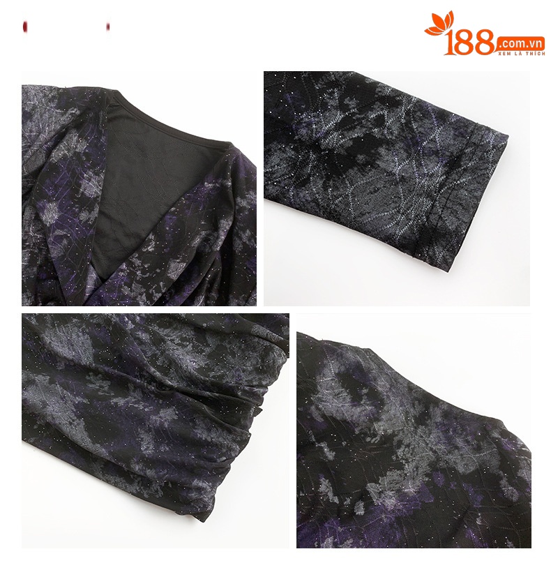 Đầm ôm body nữ cổ cọc Jacquard thêu hoa nhũ — Màu tím đen chi tiết 2