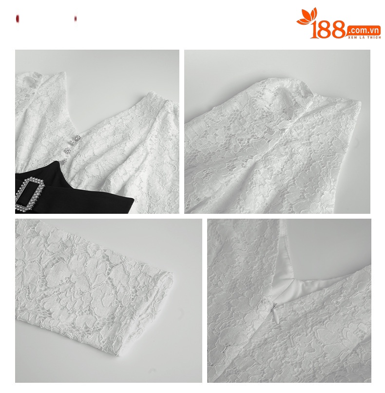 Đầm ôm body nữ cổ chữ V ren đuôi cá — Đen trắng chi tiết 2
