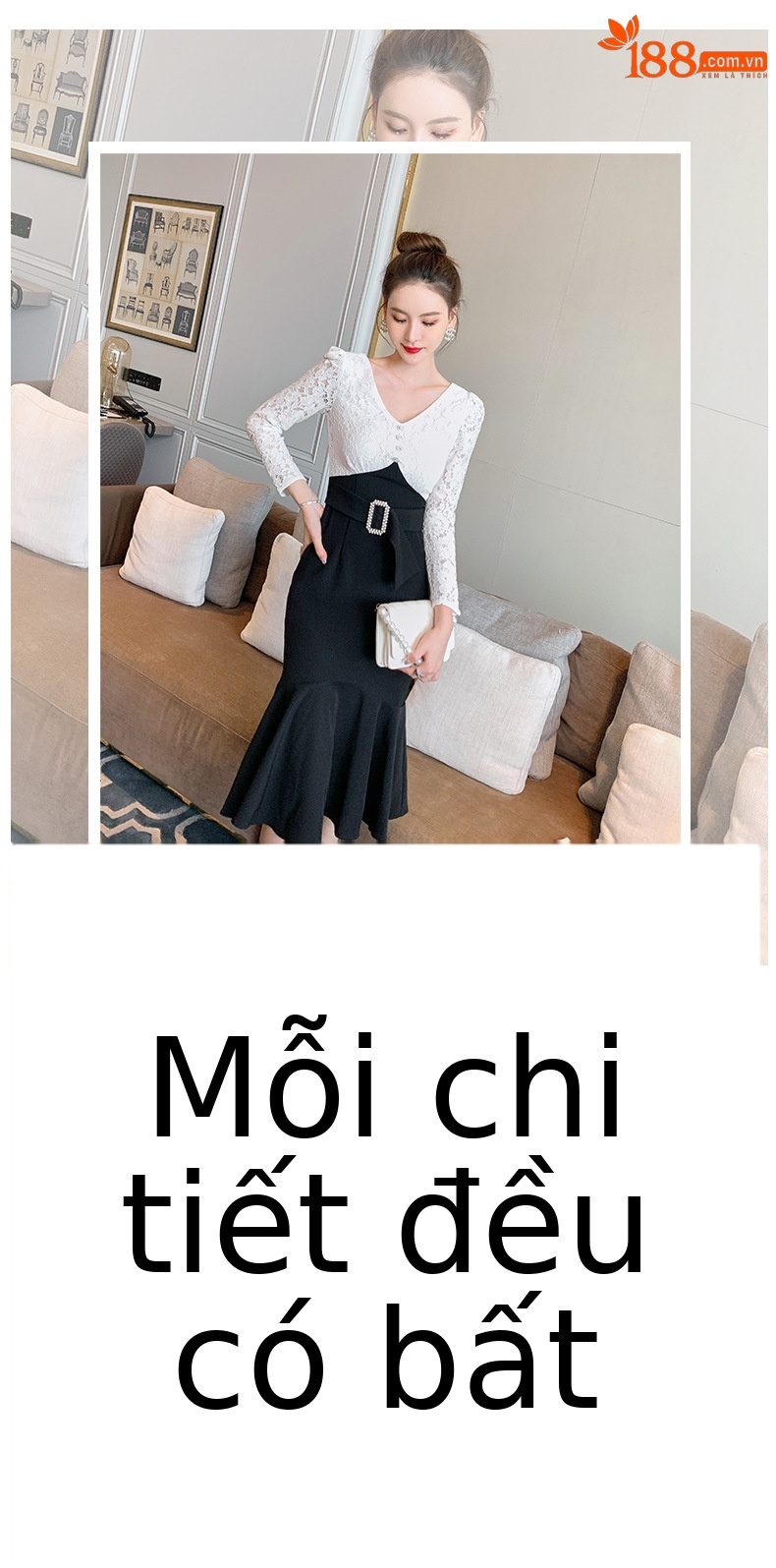 Đầm ôm body nữ cổ chữ V ren đuôi cá — Đen trắng chi tiết 1