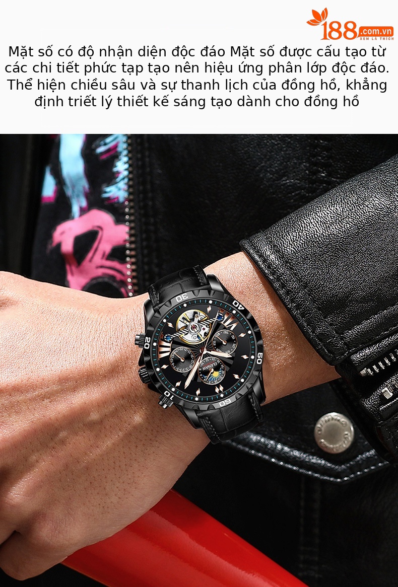 Đồng hồ nam automatic skeleton lộ máy Glenn – dây da/dây thép, chống nước, dạ quang chi tiết 2