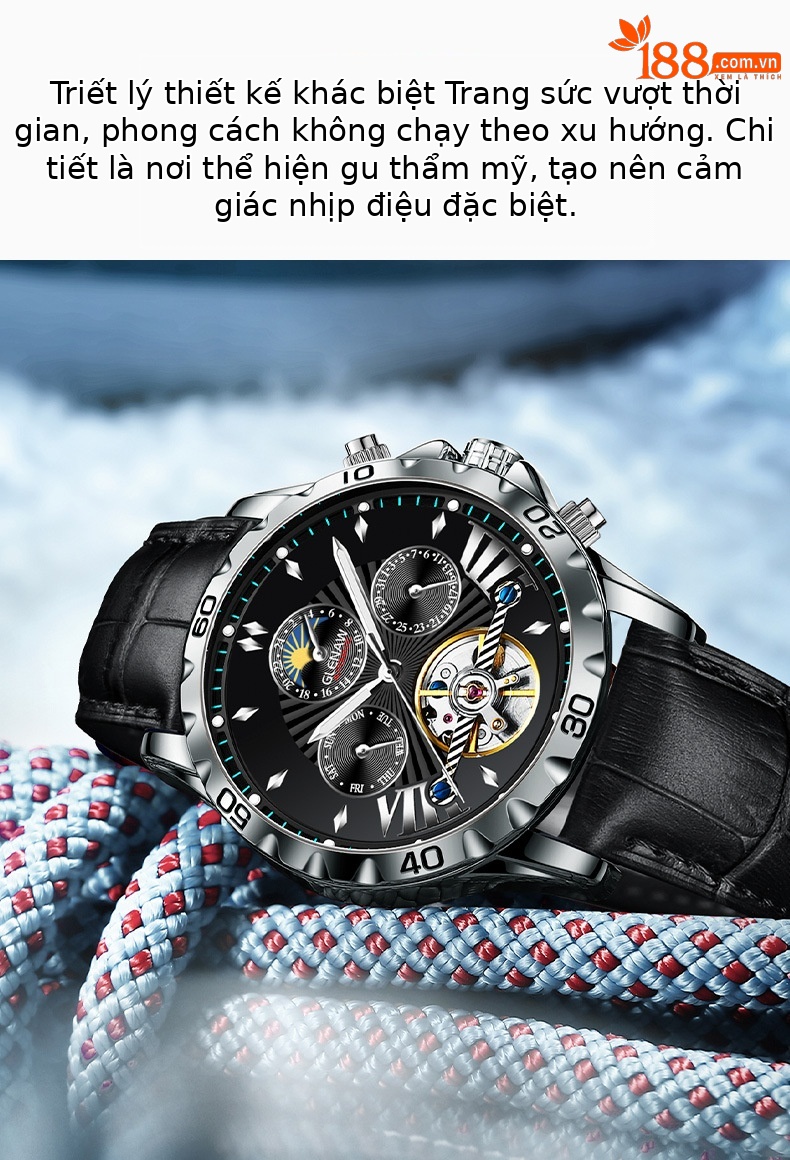 Đồng hồ nam automatic skeleton lộ máy Glenn – dây da/dây thép, chống nước, dạ quang chi tiết 3