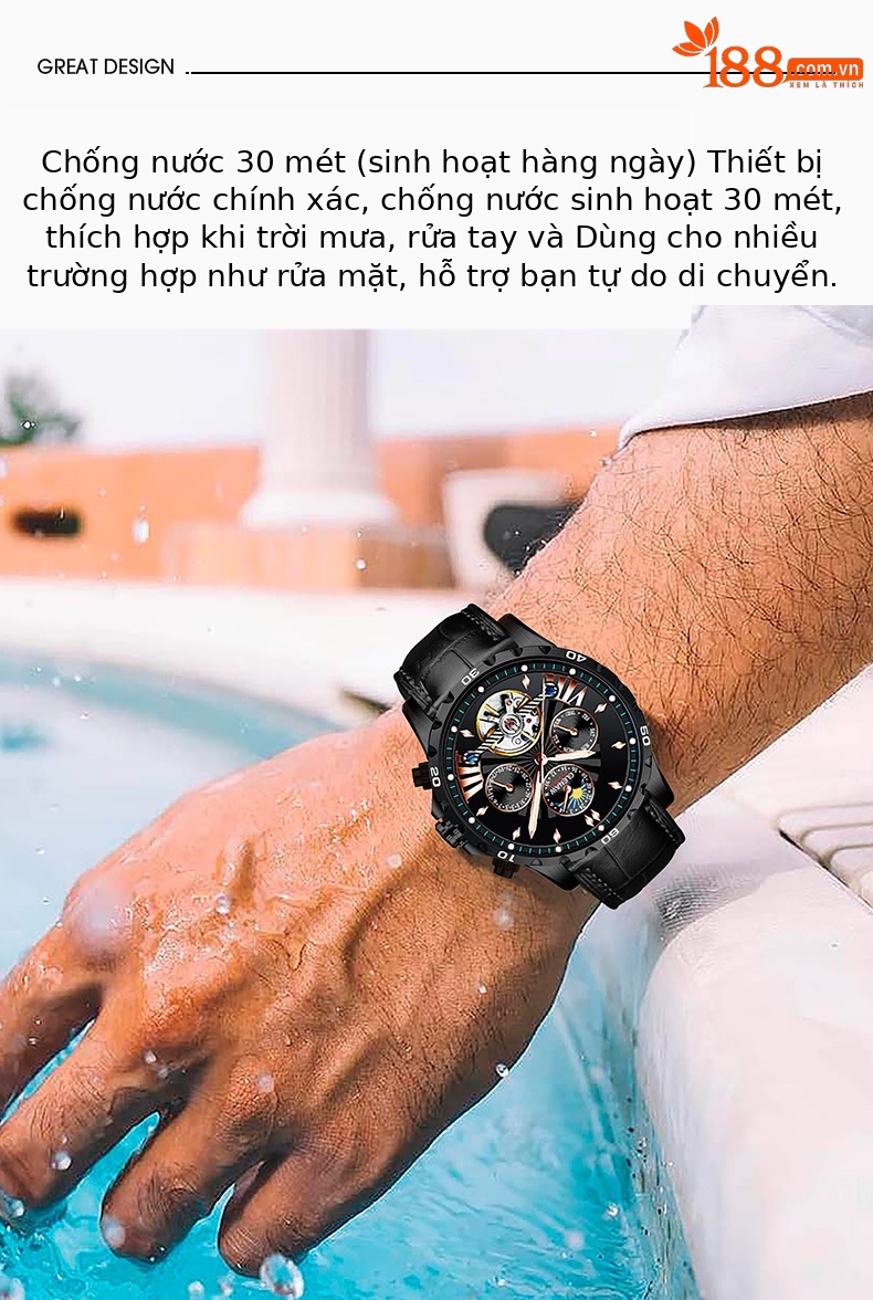 Đồng hồ nam automatic skeleton lộ máy Glenn – dây da/dây thép, chống nước, dạ quang chi tiết 4
