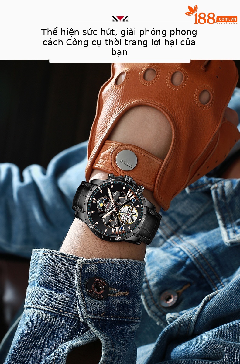 Đồng hồ nam automatic skeleton lộ máy Glenn – dây da/dây thép, chống nước, dạ quang chi tiết 5