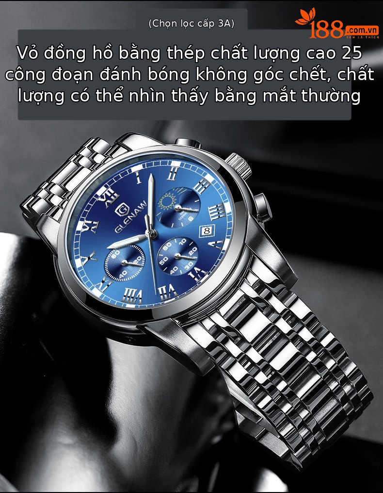 Đồng hồ nam thể thao đa chức năng Fah Glenn chống nước dạ quang dây thép chi tiết 4