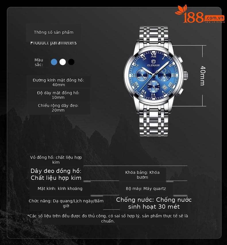 Đồng hồ nam thể thao đa chức năng Fah Glenn chống nước dạ quang dây thép chi tiết 6