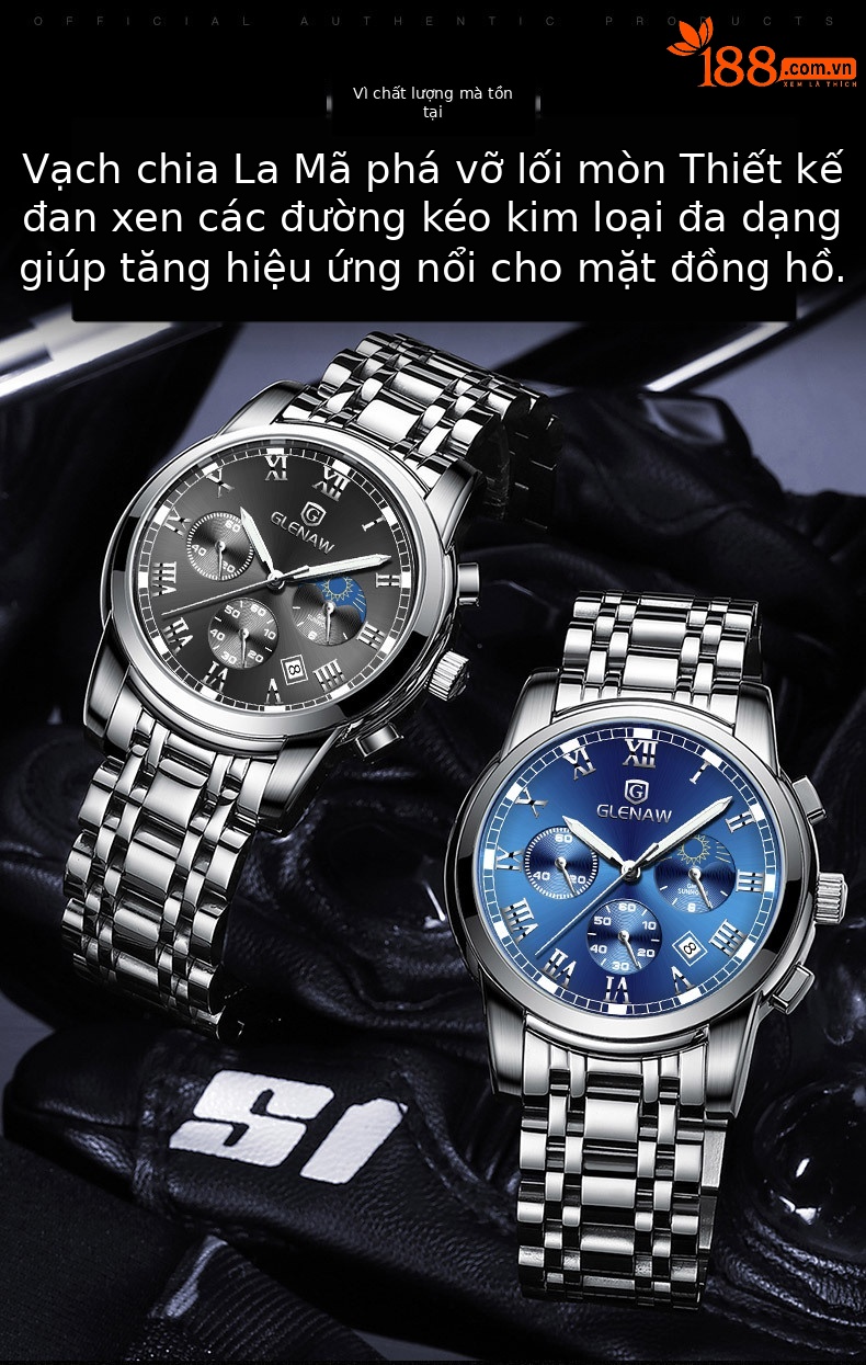 Đồng hồ nam thể thao đa chức năng Fah Glenn chống nước dạ quang dây thép chi tiết 10