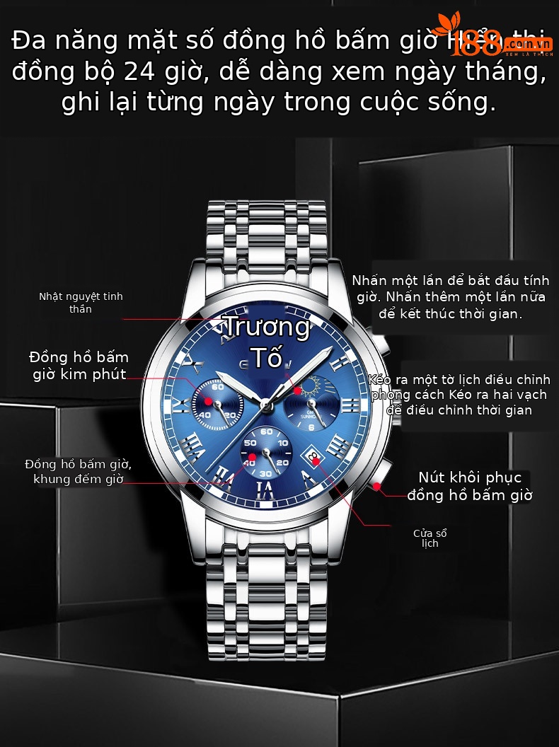 Đồng hồ nam thể thao đa chức năng Fah Glenn chống nước dạ quang dây thép chi tiết 13