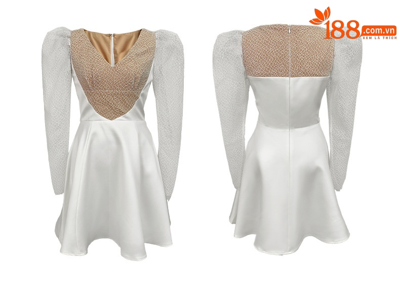 Đầm chữ A satin tay phồng cổ V thắt eo — Màu hồng chi tiết 4