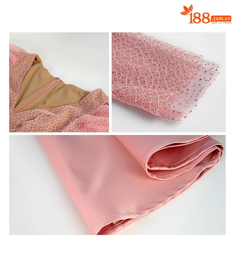 Đầm chữ A satin tay phồng cổ V thắt eo — Màu hồng chi tiết 5