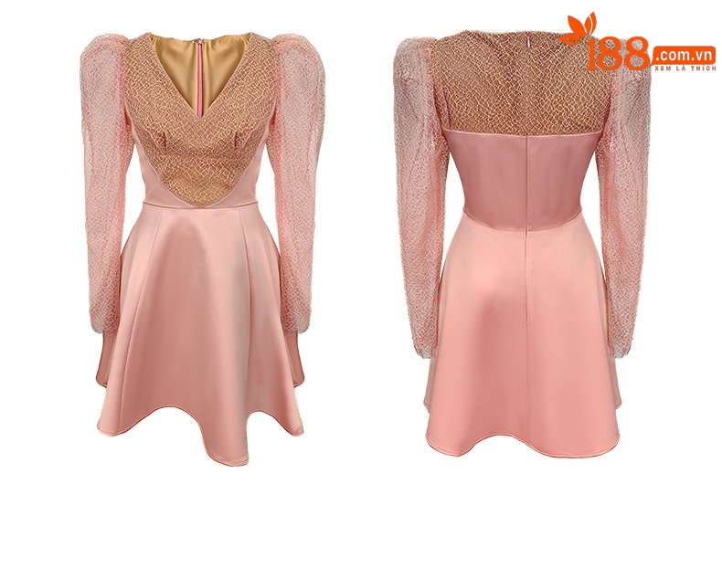 Đầm chữ A satin tay phồng cổ V thắt eo — Màu hồng chi tiết 6