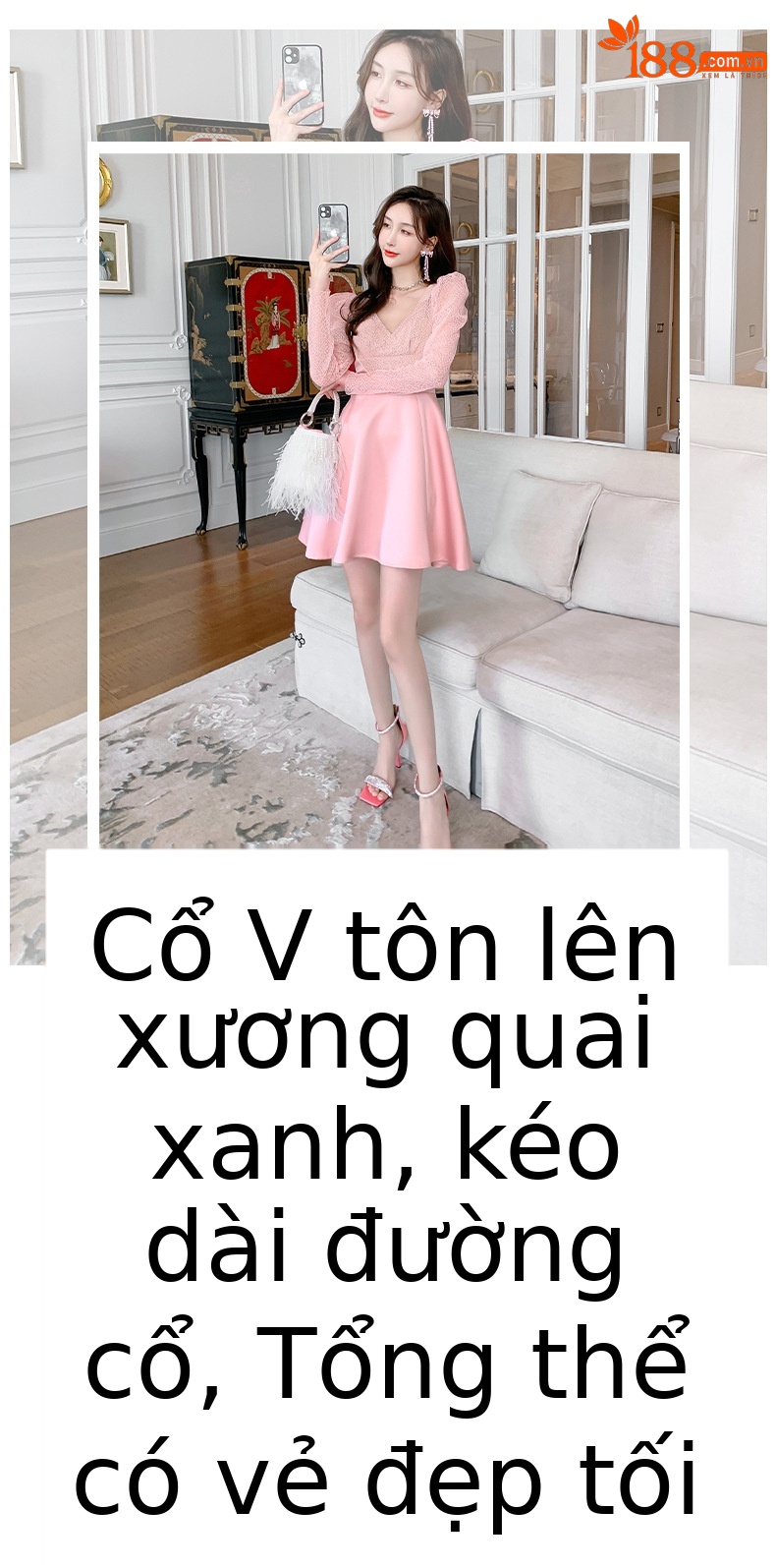 Đầm chữ A satin tay phồng cổ V thắt eo — Màu hồng chi tiết 1