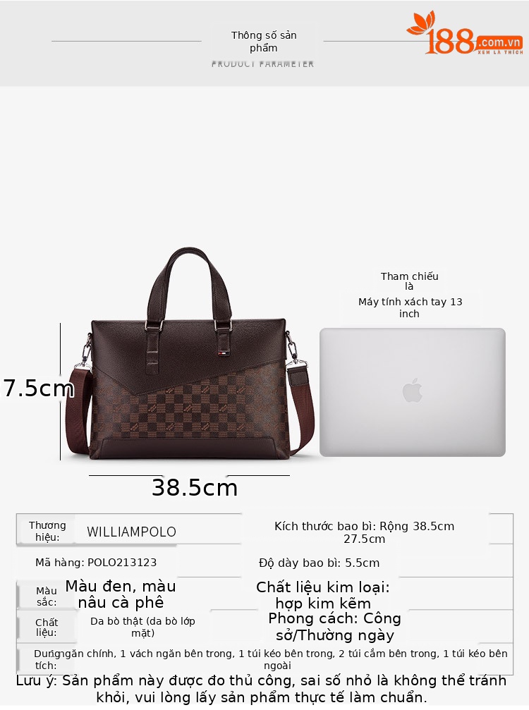 Cặp công văn da bò Emperor Paul đựng laptop 15 inch nhiều ngăn — Màu đen, Màu nâu chi tiết 8