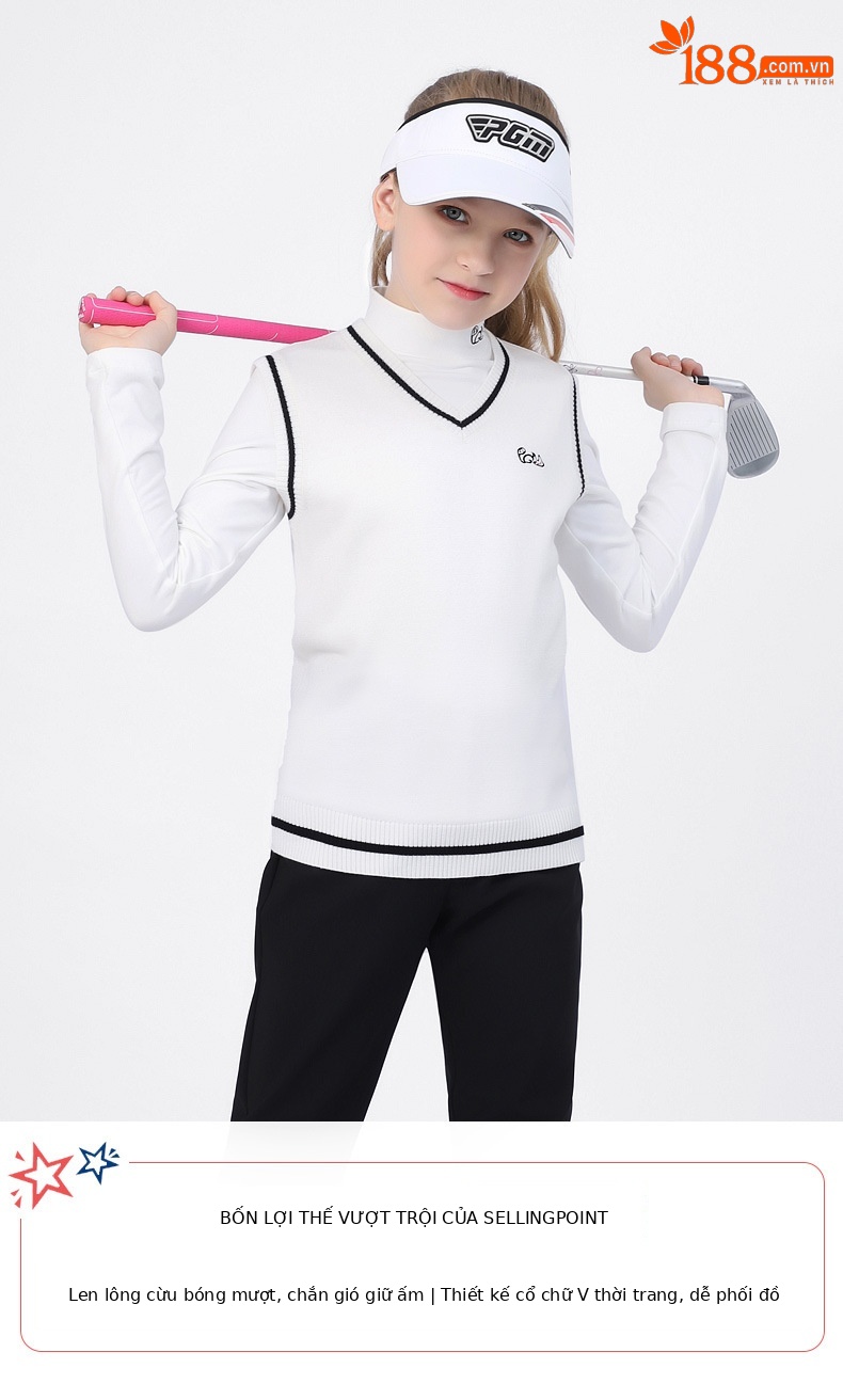 Áo vest len golf nữ trẻ em PGM mùa thu đông, form thoải mái ấm áp — Áo vest len yf418 Màu Đỏ, Áo vest len yf418 màu trắng, Áo vest len yf418 màu xanh nước biển chi tiết 2