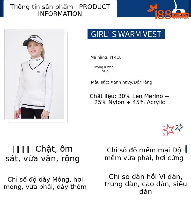 Áo vest len golf nữ trẻ em PGM mùa thu đông, form thoải mái ấm áp — Áo vest len yf418 Màu Đỏ, Áo vest len yf418 màu trắng, Áo vest len yf418 màu xanh nước biển chi tiết 3