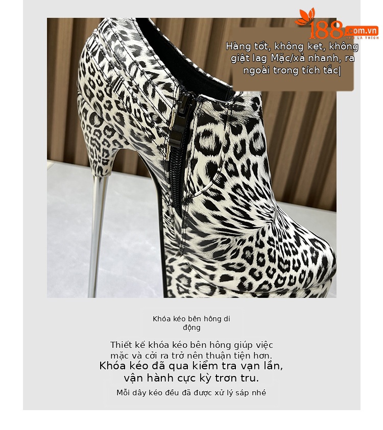 Boot nữ cổ cao quá đầu gối họa tiết da báo, gót mỏng 19 cm, khóa kim loại — Da báo trắng (19cm) không đổi trả chi tiết 7