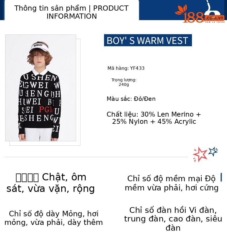 Áo vest len golf cho bé trai PGM mùa thu đông, form thoải mái ấm áp — Yf437-áo len màu xám, Yf436-áo vest len màu xanh nước biển, YF433-Màu đen, YF436-Áo vest len màu đen chi tiết 14