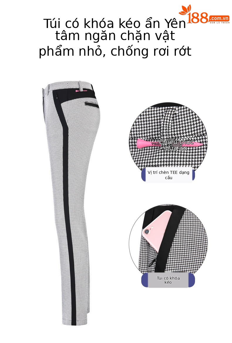 Quần nữ golf họa tiết răng sói (Houndstooth) phối sọc, thiết kế ôm vừa vặn — KUZ119-Quần nữ ca rô đen trắng chi tiết 3