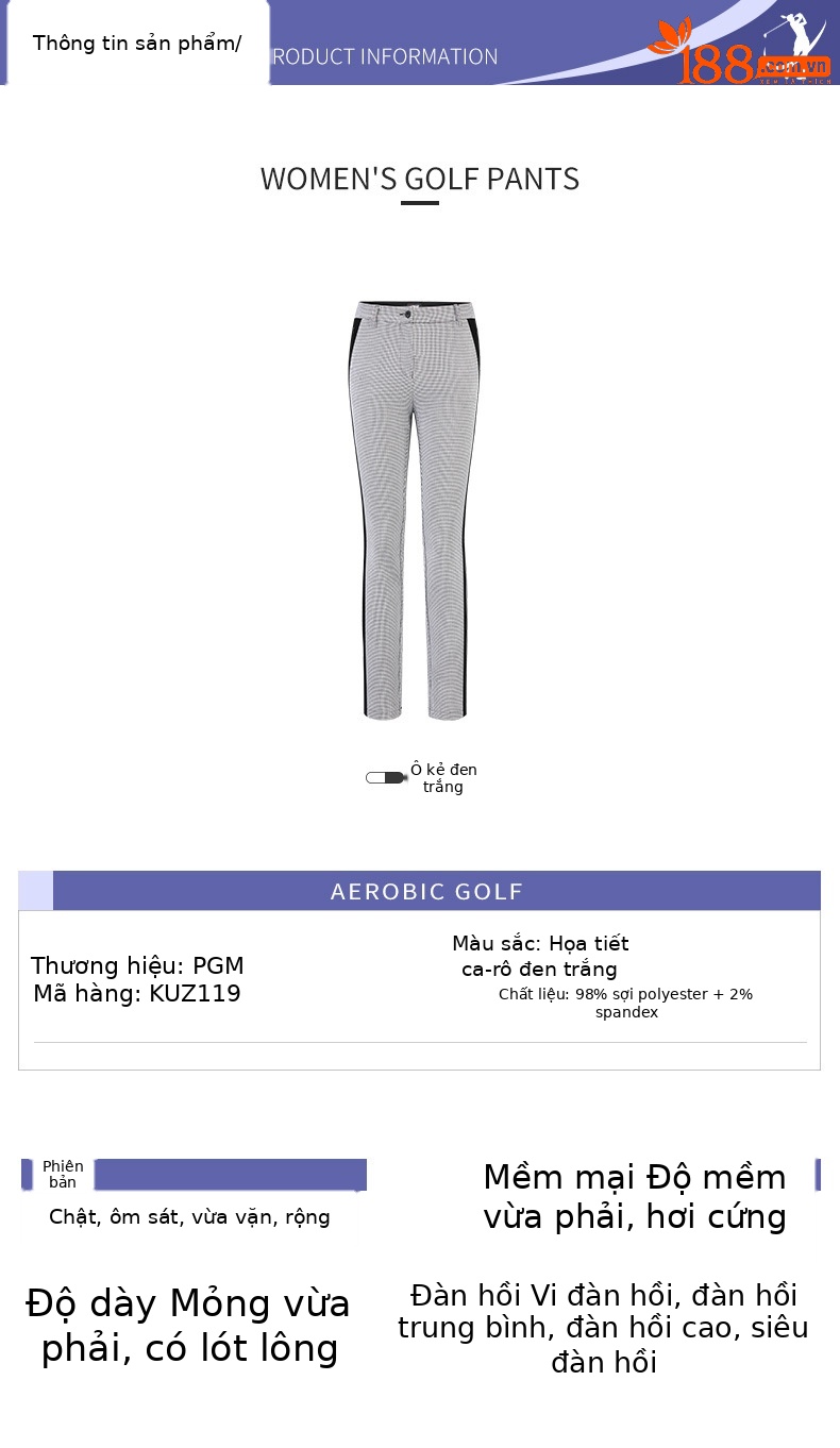 Quần nữ golf họa tiết răng sói (Houndstooth) phối sọc, thiết kế ôm vừa vặn — KUZ119-Quần nữ ca rô đen trắng chi tiết 4