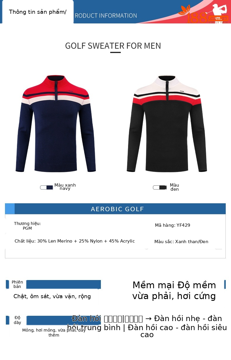 Áo len golf nam dài tay cổ đứng PGM phối màu giữ ấm — YF429-màu xanh hải quân, YF429-Màu đen chi tiết 3
