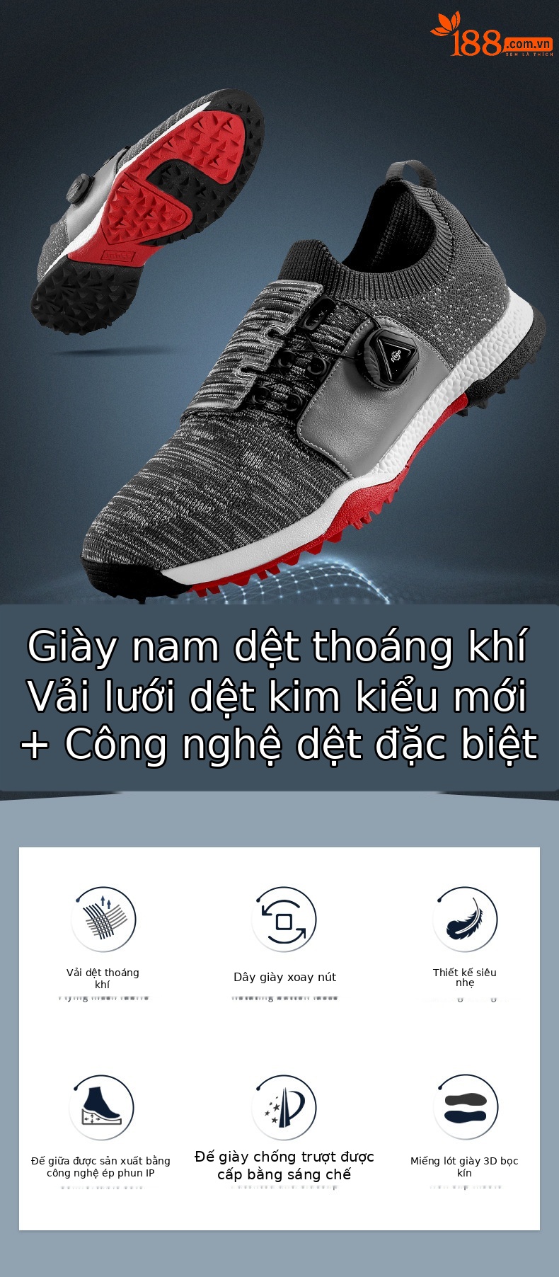 Giày golf nam PGM mặt lưới khóa xoay nhẹ thoáng khí — XZ182 màu xám chi tiết 2