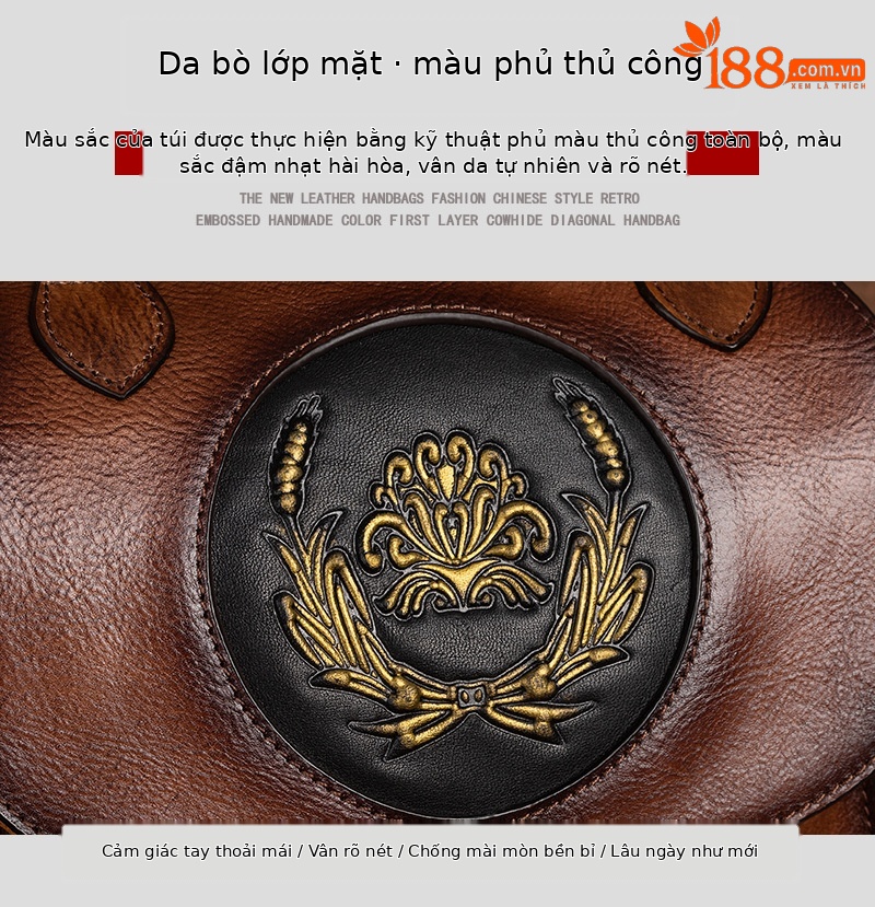 Túi xách tay nữ da bò dập nổi phong cách cổ điển, quai xách tay đa năng — Nâu cổ điển, Nâu đỏ cổ điển, Xám cổ điển, Vàng cổ điển chi tiết 5