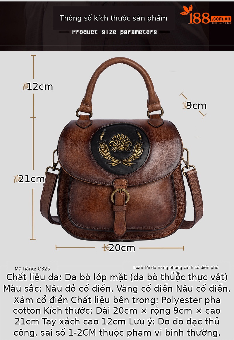 Túi xách tay nữ da bò dập nổi phong cách cổ điển, quai xách tay đa năng — Nâu cổ điển, Nâu đỏ cổ điển, Xám cổ điển, Vàng cổ điển chi tiết 7