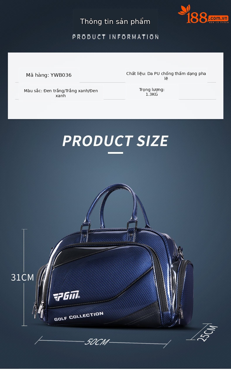 Túi đựng quần áo golf PGM chống nước, nhẹ, có ngăn giày riêng (50×25×31 cm) — Túi đựng quần áo PU pha lê YWB036 đen trắng, Túi đựng quần áo PU pha lê YWB036 màu trắng xanh, Túi đựng quần áo PU pha lê YWB036 màu xanh đen chi tiết 3