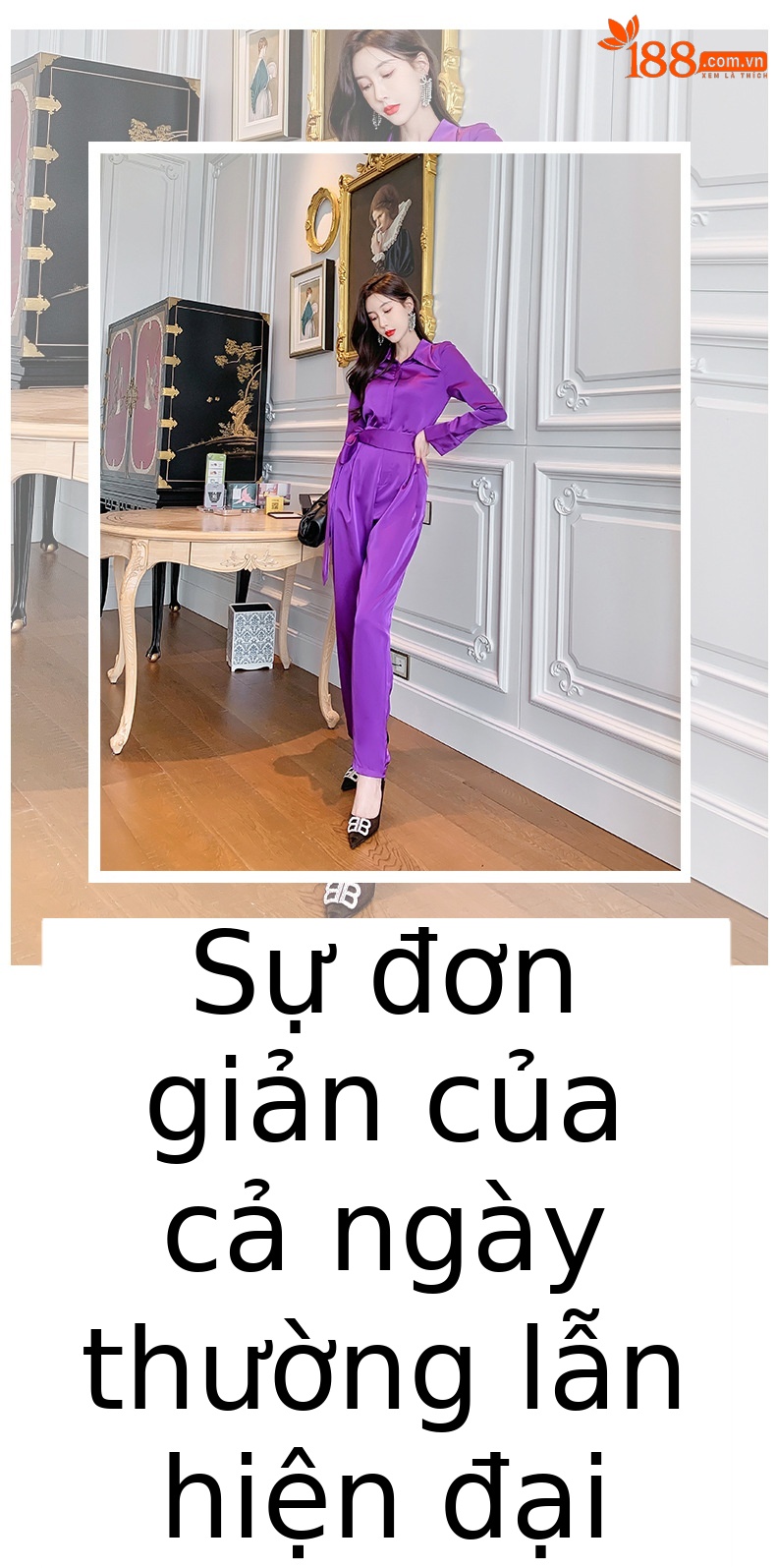 Set áo sơ mi tay dài kết hợp quần ống rộng cạp cao nữ thanh lịch — Màu tím chi tiết 1