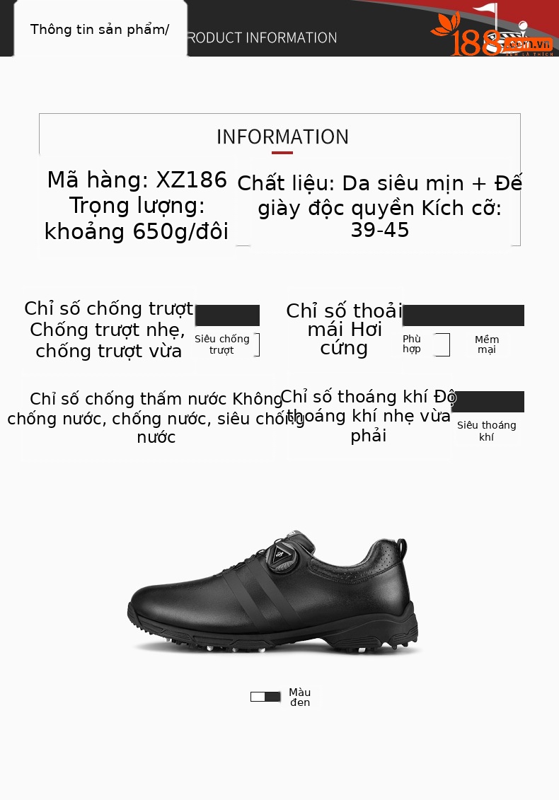 Giày golf nam PGM chống thấm nước, khóa xoay nhanh, đế chống trơn trượt — Giày nam XZ186 màu đen chi tiết 8