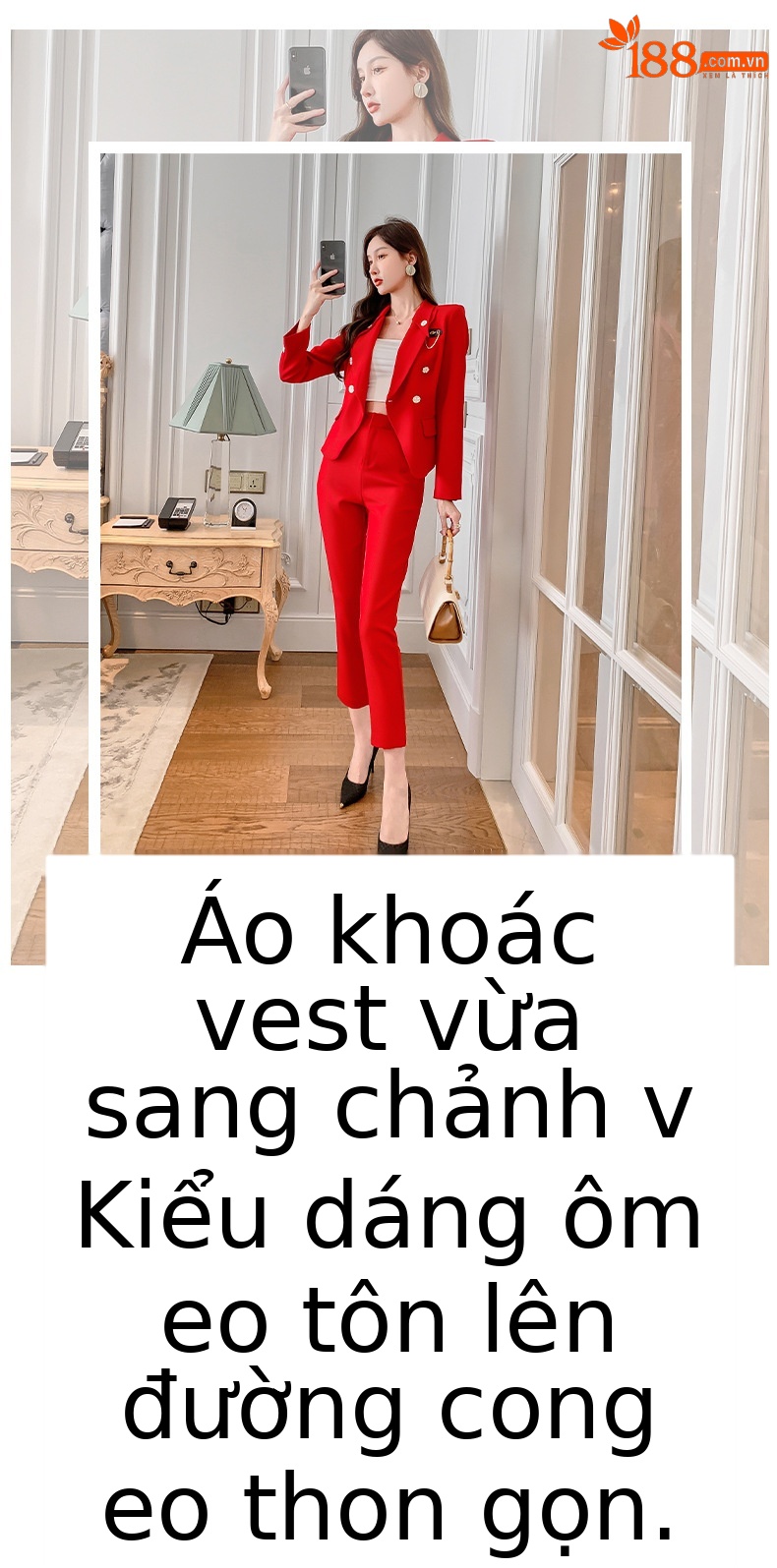 Set vest nữ hai hàng khuy phong cách Anh quốc thanh lịch — Màu đỏ chi tiết 1