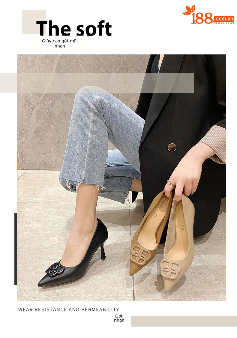 Giày cao gót nữ mũi nhọn kiểu lười, gót 7 cm, phong cách Hàn Quốc — Kaki 7CM chi tiết 1