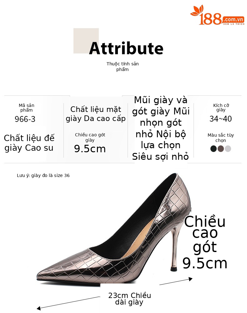 Giày cao gót nữ mũi nhọn da bóng kiểu caro Hàn Quốc, gót 9.5 cm — Màu súng-9.5cm chi tiết 3