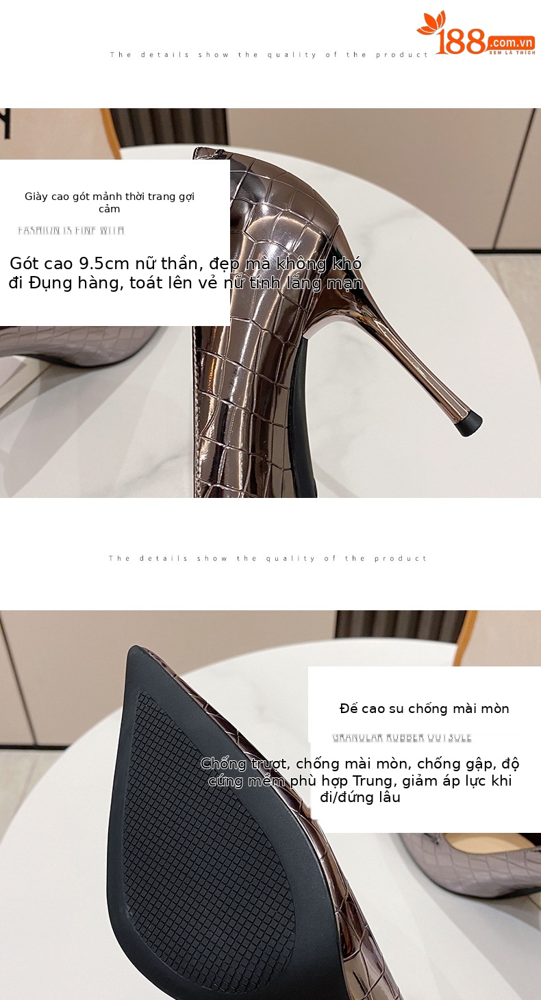 Giày cao gót nữ mũi nhọn da bóng kiểu caro Hàn Quốc, gót 9.5 cm — Màu súng-9.5cm chi tiết 5