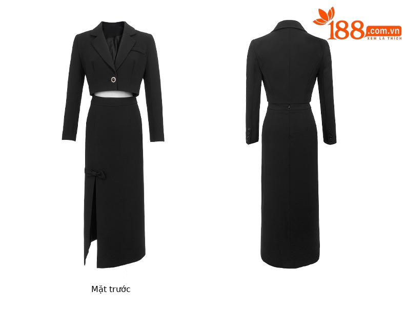 Bộ hai món áo blazer ngắn thanh lịch và chân váy cạp cao — Màu đen chi tiết 5
