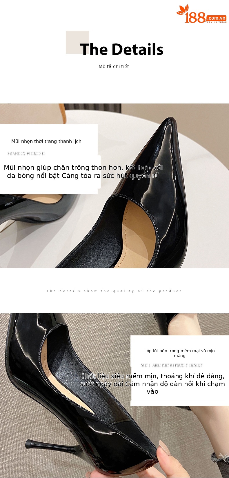 Giày cao gót nữ mũi nhọn phong cách Hàn Quốc, màu trơn chuyên nghiệp — Màu đen chi tiết 4
