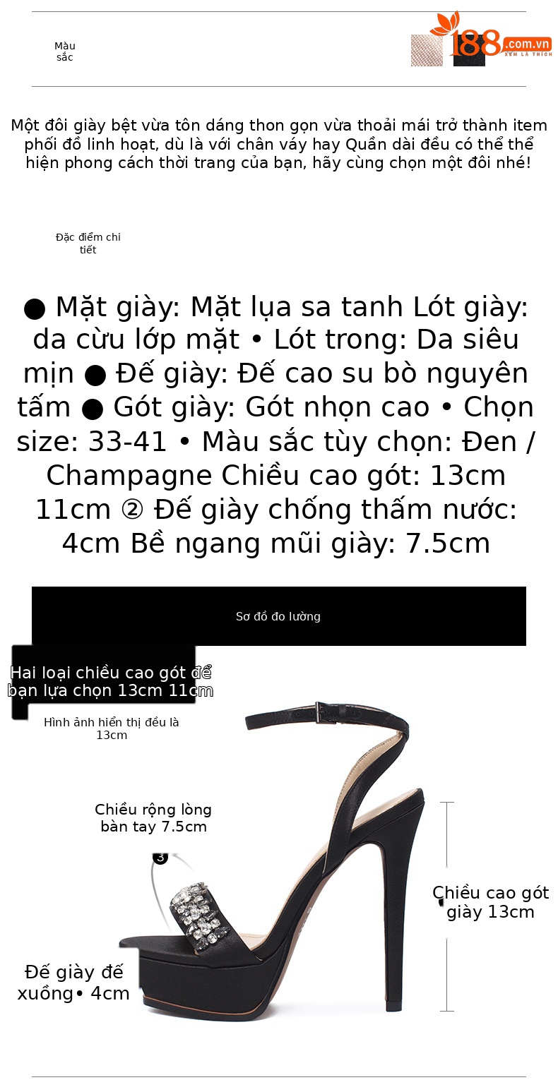 Sandal cao gót nữ hở mũi gót nhọn 13 cm đế xuồng chống nước quai ngang — Màu đen (chiều cao gót 13CM) chi tiết 2