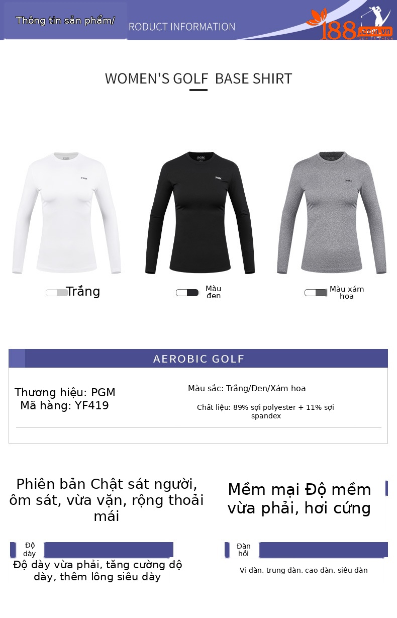 Áo thun golf nữ cổ tròn dài tay lót lông cừu ấm — Áo mặc trong golf nữ YF419 màu đen, Áo Sơ Mi Nữ chơi gôn màu xám YF419, YF419 nữ Golf mặc trong màu trắng chi tiết 3