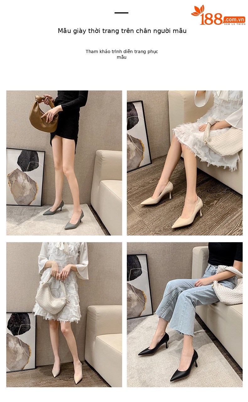 Giày cao gót nữ mũi nhọn gót nhọn 7 cm phong cách công sở — Màu kaki 7cm chi tiết 5