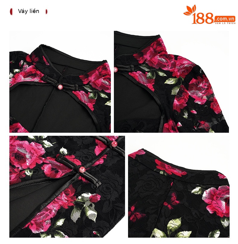 Đầm ôm body nữ cải tiến cổ điển, thiết kế xẻ tà, họa tiết hoa, gợi cảm — Màu đen chi tiết 2