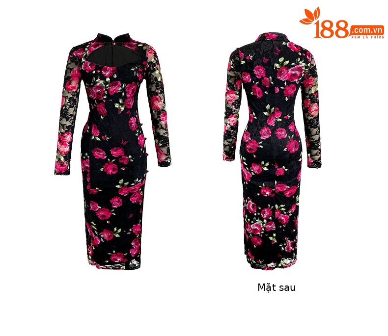 Đầm ôm body nữ cải tiến cổ điển, thiết kế xẻ tà, họa tiết hoa, gợi cảm — Màu đen chi tiết 3