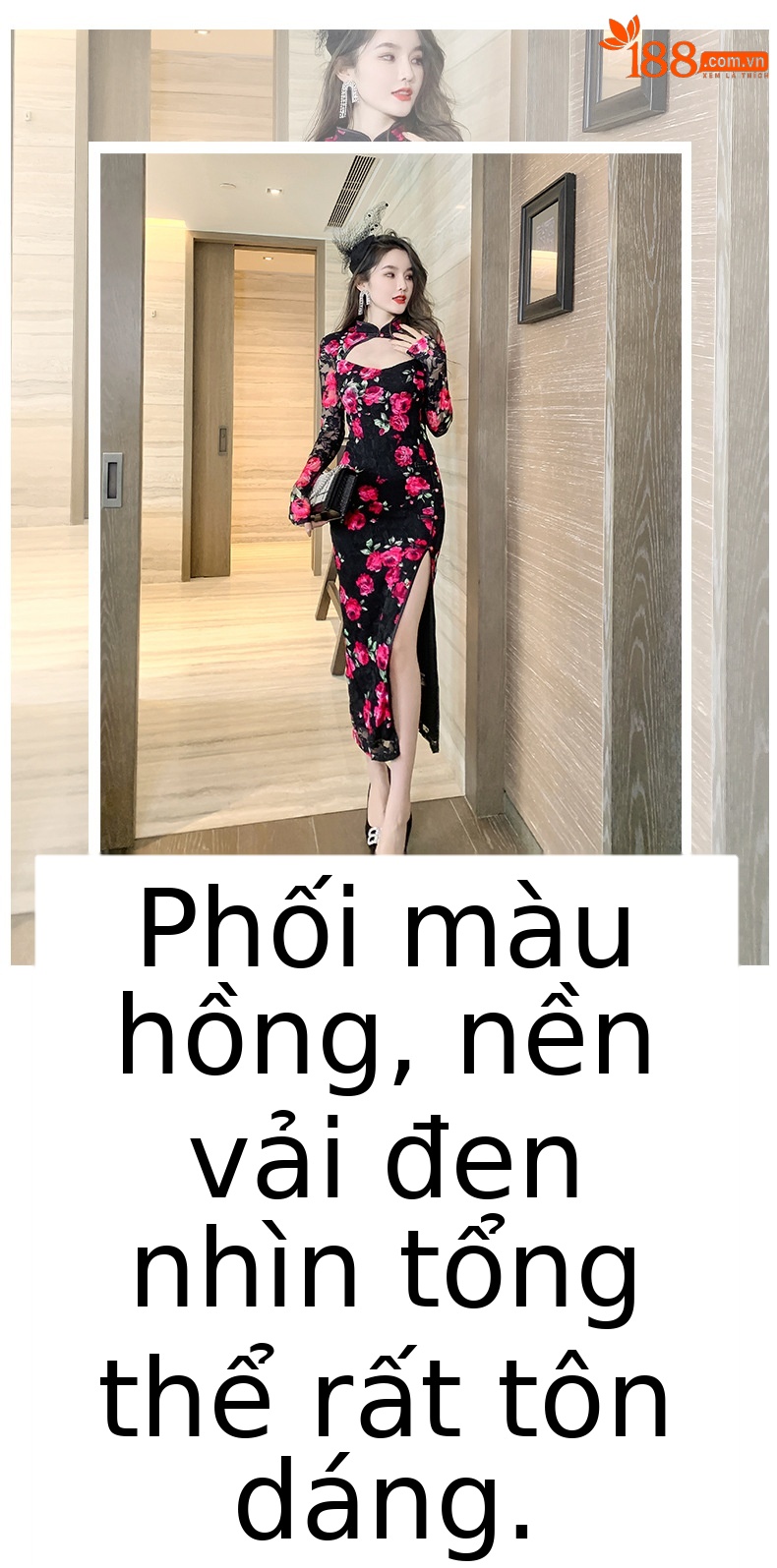 Đầm ôm body nữ cải tiến cổ điển, thiết kế xẻ tà, họa tiết hoa, gợi cảm — Màu đen chi tiết 1