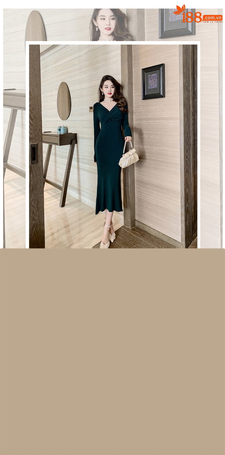 Đầm đuôi cá ôm sát cổ chữ V chéo phong cách trưởng thành nhẹ nhàng — Màu xanh lục đậm chi tiết 1