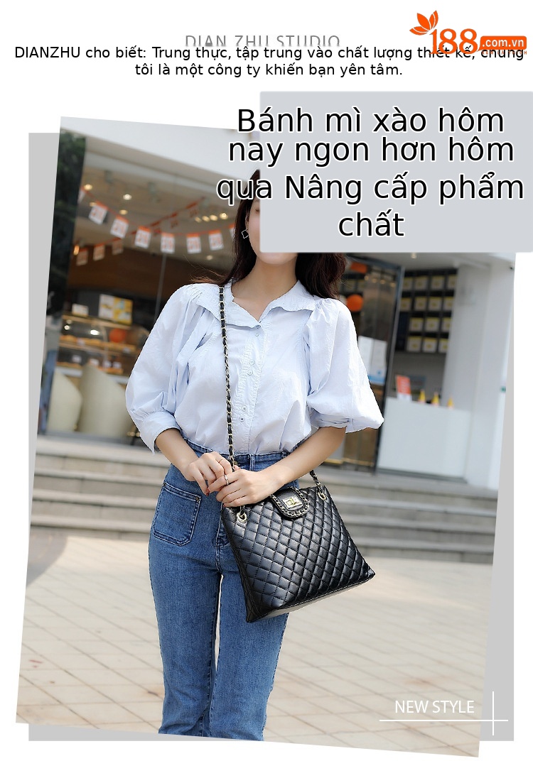Túi bucket nữ da thật họa tiết caro dây xích đeo chéo dung tích lớn — Dây chuyền vàng đen, Dây chuyền vàng trắng be chi tiết 10