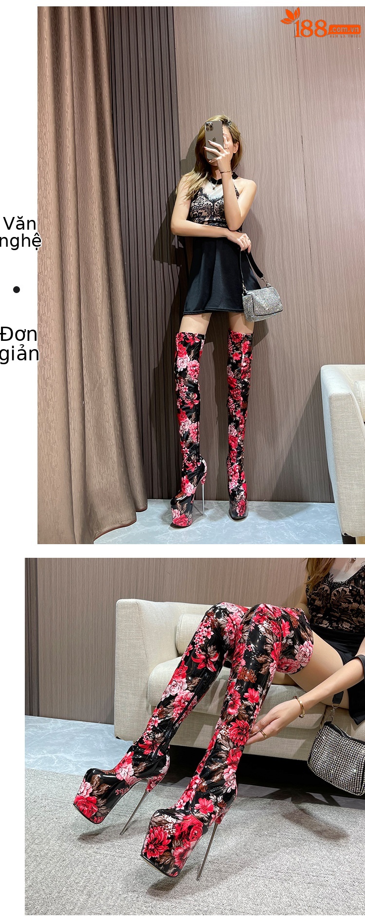 Boot nữ cổ cao ôm bắp chân gót thép 19 cm phong cách châu Âu — Màu xanh lam chi tiết 9